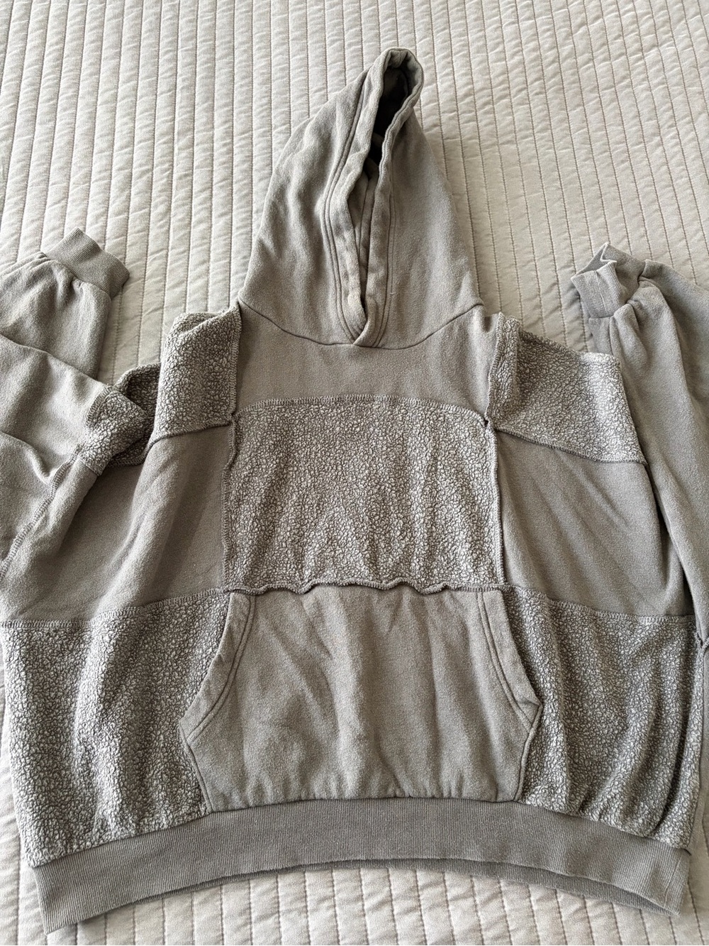 aerie Sherpa Patchwork Hoodie Mixed Media Oversized Gray Pullover Sweatshirt L - Picture 8 of 10